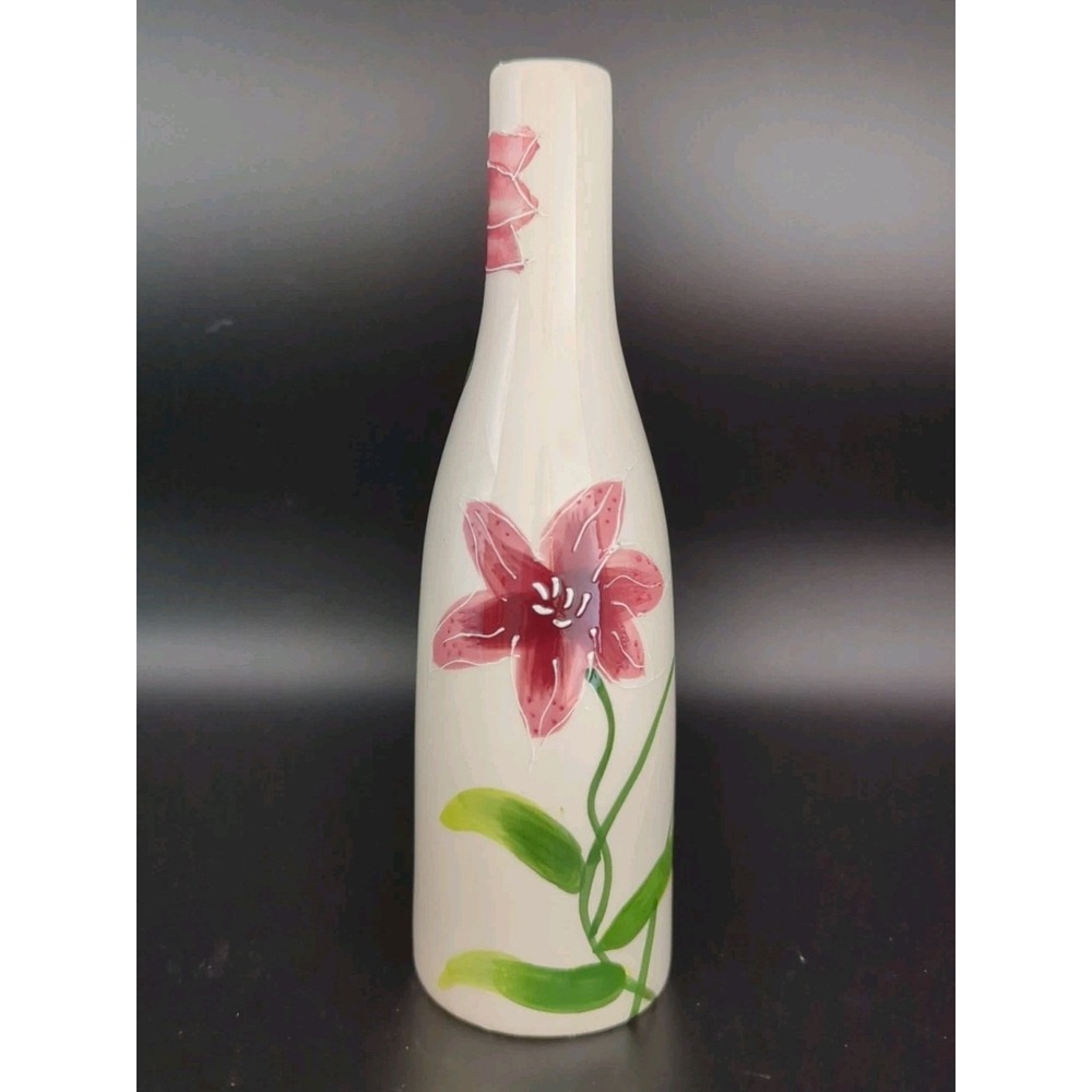 Hand Painted Porcelain Lilies Bottle Vase Handcrafted 7in Floral 1980s USA